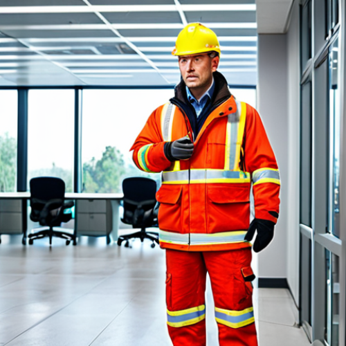 Home 11 Modern Office Safety Inspection**
"A professional fire safety manager, fully clothed in appropriate business attire, inspecting a modern office building with advanced fire detection systems, safe for work, perfect anatomy, correct proportions, well-lit environment, professional photography, high quality, appropriate content."
**