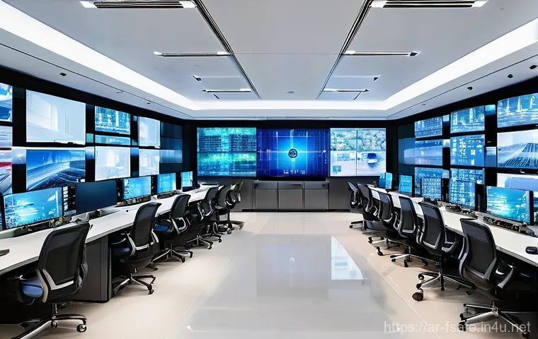 소방안전관리사와 비상대응 매뉴얼 - **A highly advanced fire safety control room in a gleaming, futuristic skyscraper.** A diverse team ...