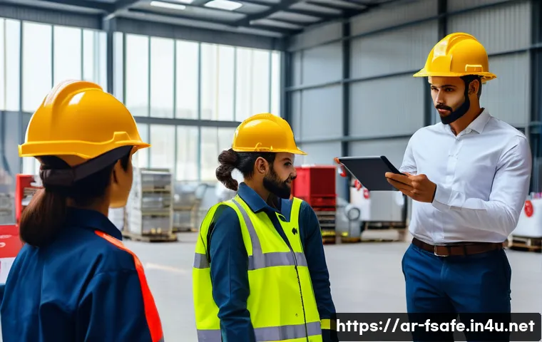 소방안전관리사와 화재보험 관계 - **Prompt:** A diverse team of professional workers, including a female fire safety supervisor wearin...