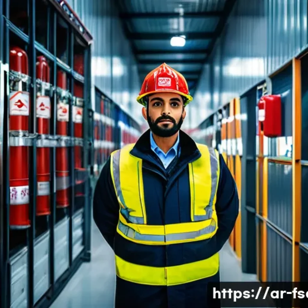 소방안전관리사와 관련된 국제 자격증 - A professional Middle Eastern fire safety officer wearing a neatly fitted uniform with safety insign...