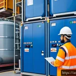 소방안전관리사 취업 가능한 산업군 - A modern industrial safety manager in a large Middle Eastern chemical plant, wearing safety gear and...
