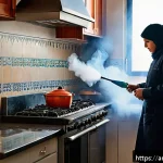 소방안전관리사 이론 정리 자료 - A detailed interior scene of a modern Middle Eastern home kitchen during a small grease fire inciden...