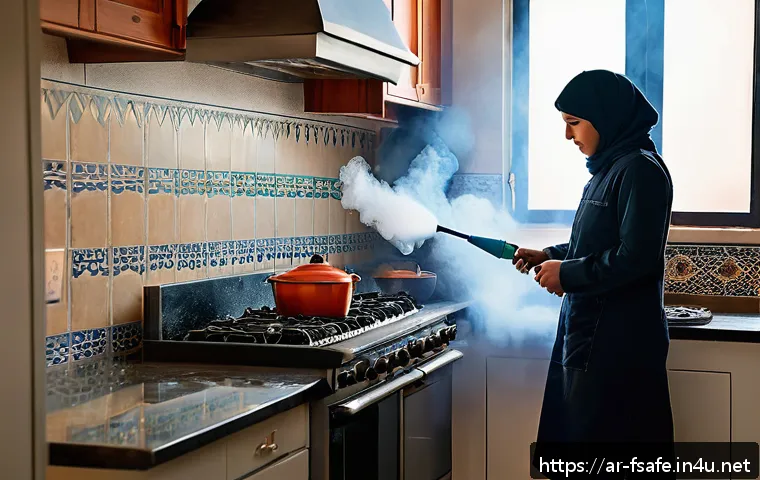 소방안전관리사 이론 정리 자료 - A detailed interior scene of a modern Middle Eastern home kitchen during a small grease fire inciden...