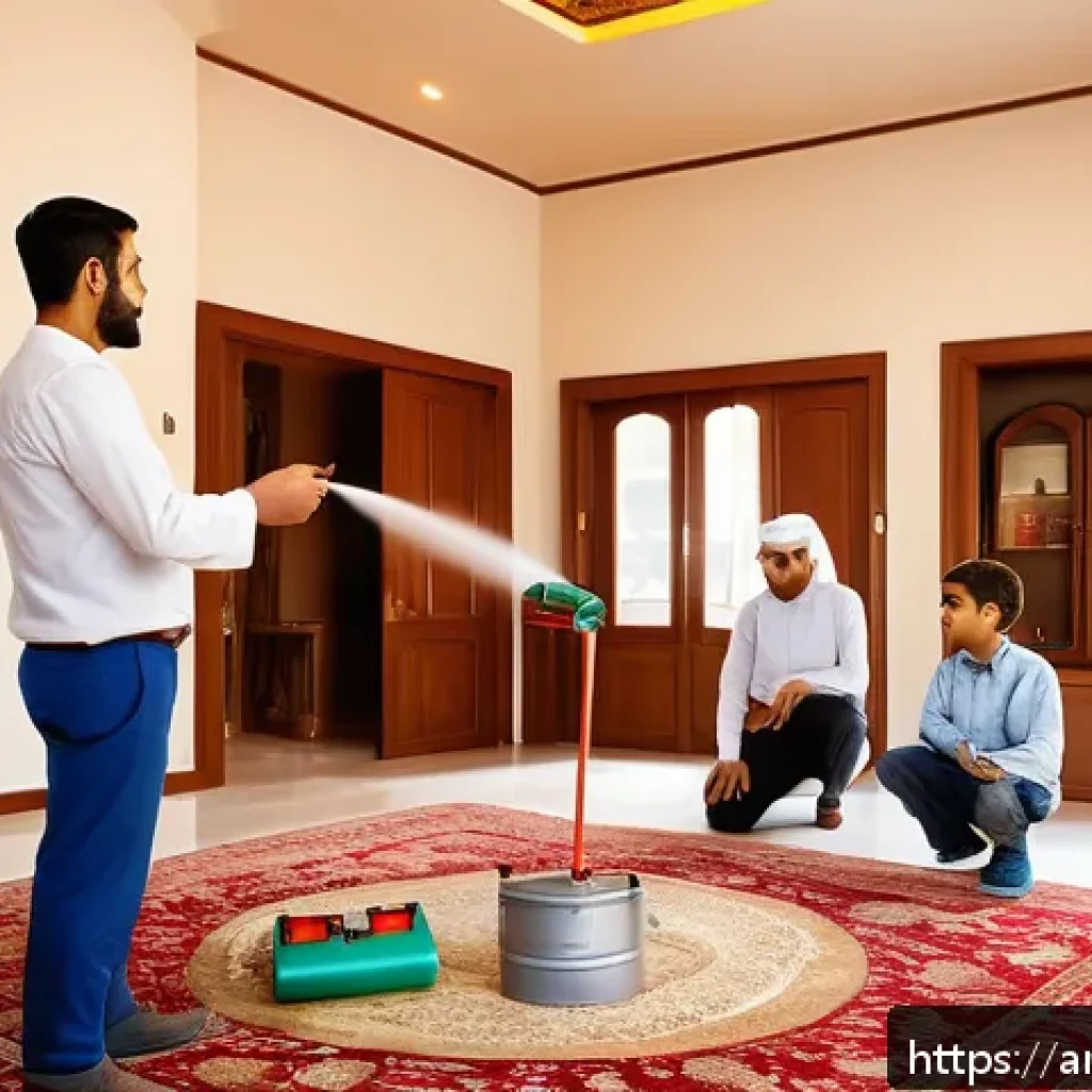 소방안전관리사 실무 필수 지식 - A detailed scene inside a modern Middle Eastern home showing a family conducting a fire safety drill...