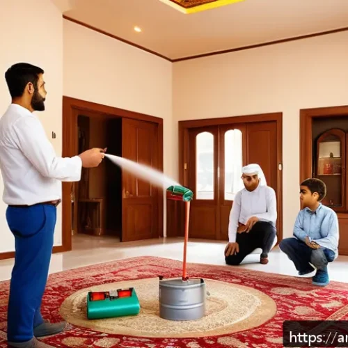 소방안전관리사 실무 필수 지식 - A detailed scene inside a modern Middle Eastern home showing a family conducting a fire safety drill...
