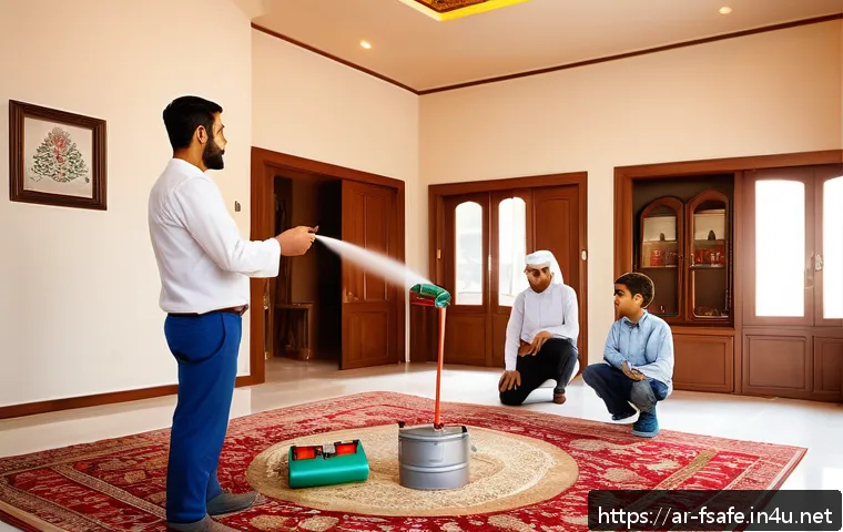 소방안전관리사 실무 필수 지식 - A detailed scene inside a modern Middle Eastern home showing a family conducting a fire safety drill...