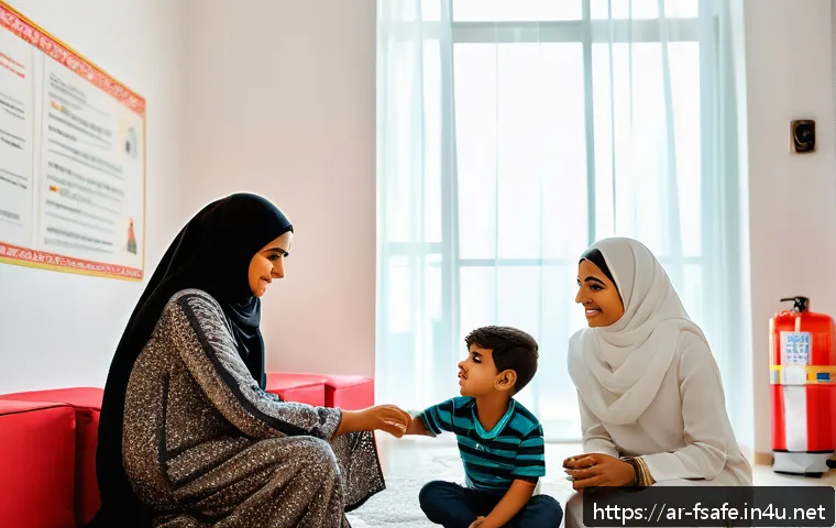 소방안전관리사 관련 논문 및 연구 자료 - A detailed scene of a modern Arab family home interior during a fire safety awareness workshop: a di...