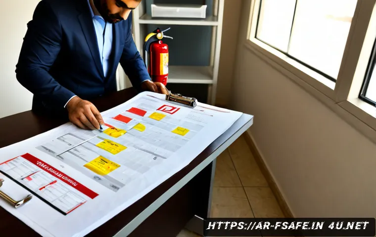소방안전관리사 관련 공모전 참여 방법 - Photorealistic Arab fire safety professional in a neat office, reviewing a visual fire evacuation mo...